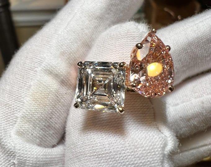 Certified 14K Yellow & Rose Gold 4CT Square Emerald Cut 3CT Pear Brilliant Fancy Vivid Pink Lab Grown Diamond Ring