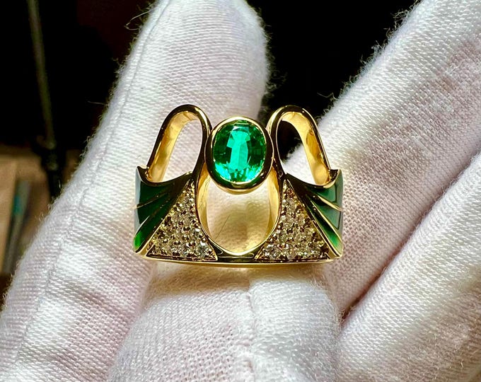 Art Deco 14K Yellow Gold 1CT Oval Lab Grown Emerald Painted Art Nouveau Ring