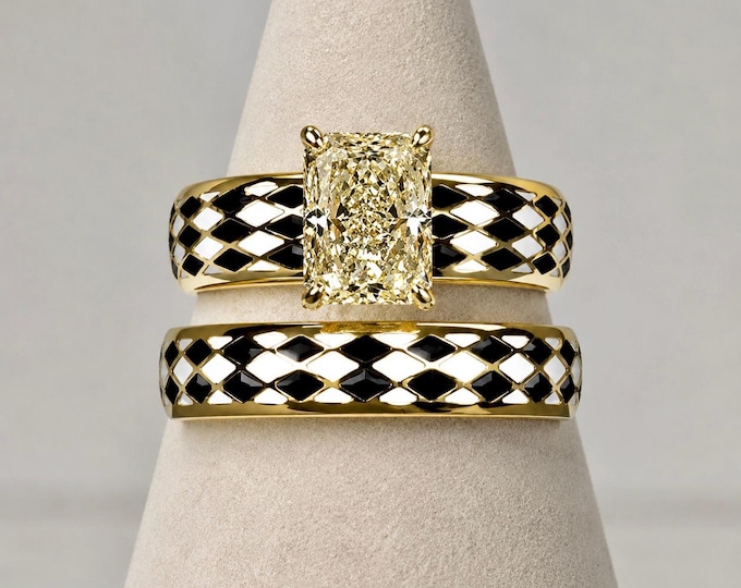2.5CT Yellow Lab Grown Diamond Bridal Set: 10K Gold Checkerboard Ring