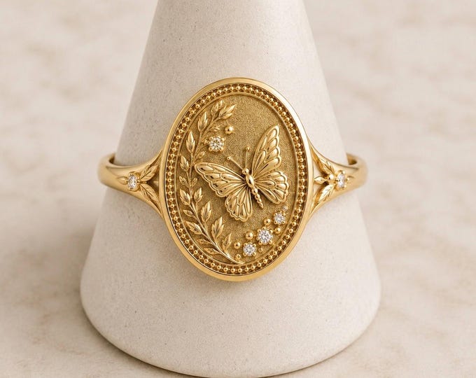 Gold Butterfly Wildflower Signet Ring, Botanical Heirloom Jewelry