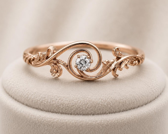 Old European Cut Diamond Vine Ring, Rose Gold Filigree Floral Engagement Ring