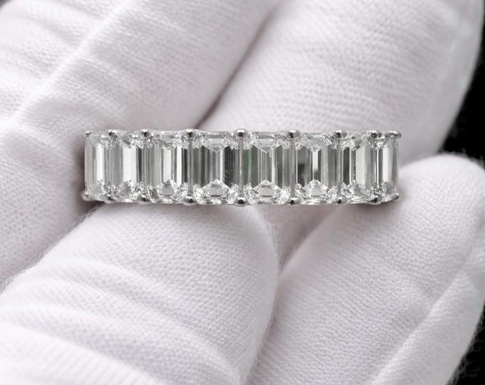 Emerald Cut Lab Grown Diamond Half Eternity Ring, Gold Wedding Band