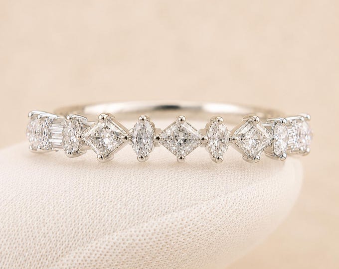 3mm Mixed Cut Diamond Half Eternity Band, Modern Couture Wedding Ring