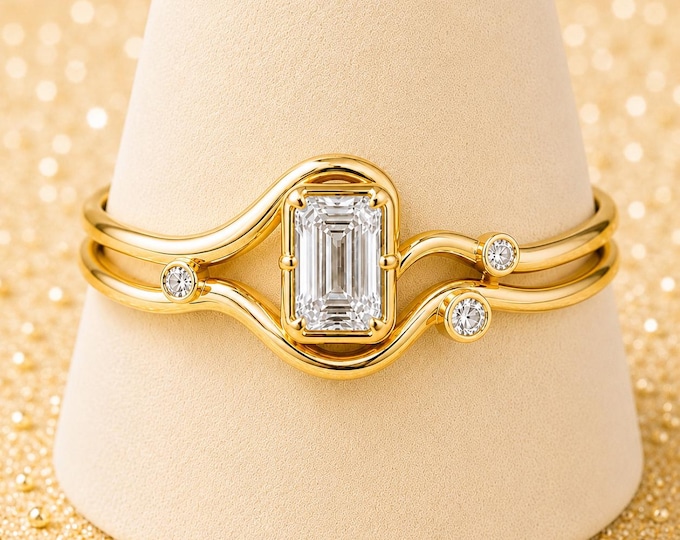 3 Carat Emerald Cut Lab Diamond Ring, Organic Poured Gold Wave Engagement Ring