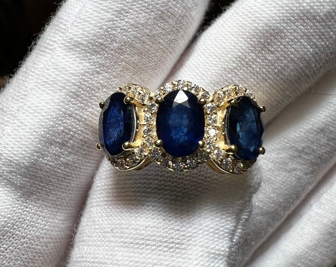 14K Yellow Gold Sapphire Journey Ring: Australian Blue Sapphire Diamond Halo