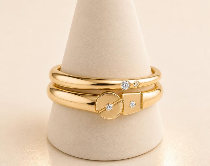 Wabi Sabi Gold Diamond Bridal Ring Set, Organic Poured Gold Wedding Band