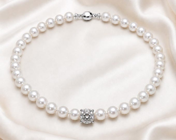 Australian White Pearl Necklace with 3.5CT Lab Diamond, Fine Jewelry Strand
