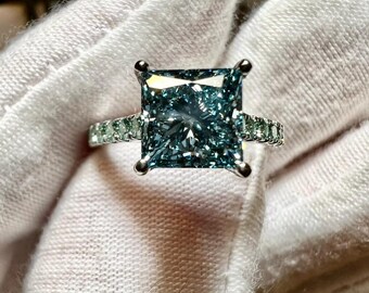 2CT Fancy Greenish Blue Princess Cut Lab Diamond Ring, Certified VS1 Lab Grown Diamond Engagement Ring, 10K 14K White Gold