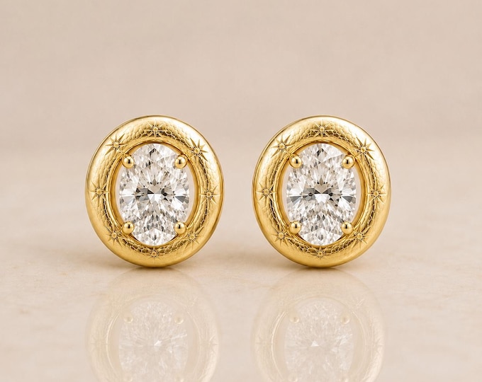 Oval Lab Diamond Stud Earrings, Celestial Art Deco, 10K 14K Gold Platinum