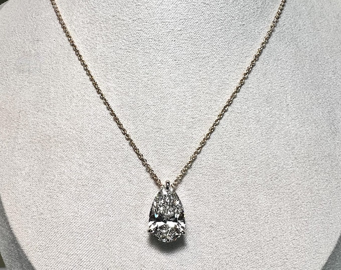 5CT Pear Lab Grown Diamond Pendant Necklace: 10K Gold Adjustable Chain
