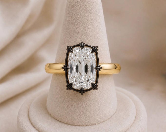 3.5CT Elongated Cushion Cut Diamond Ring | Black Rhodium Petal Claw Setting, 4mm Gold Band