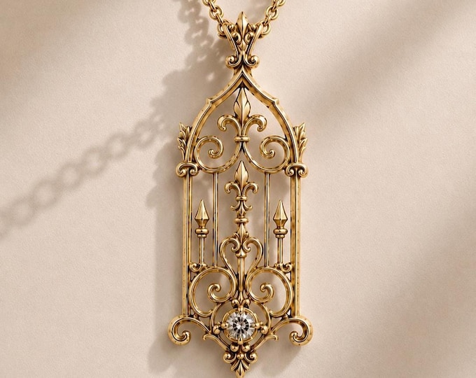 Gothic Garden Gate Necklace, Cathedral Ironwork Pendant, Dark Academia Jewelry, Lab Grown Diamond Accent