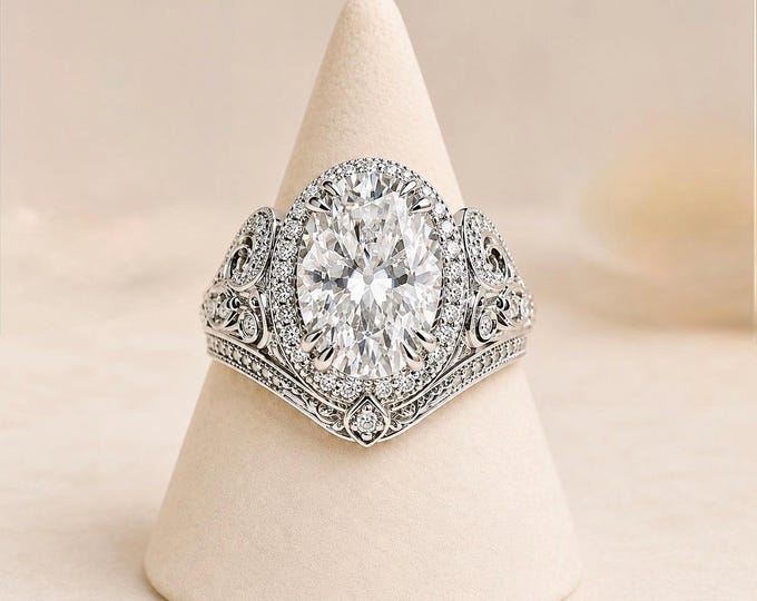 3 Carat Oval Diamond Engagement Ring, Edwardian Halo Filigree, Antique Inspired Style