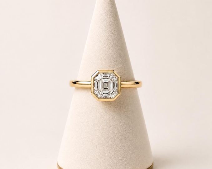Certified 2CT Square Emerald Cut K VS2 Bezel Set Diamond Engagement Ring