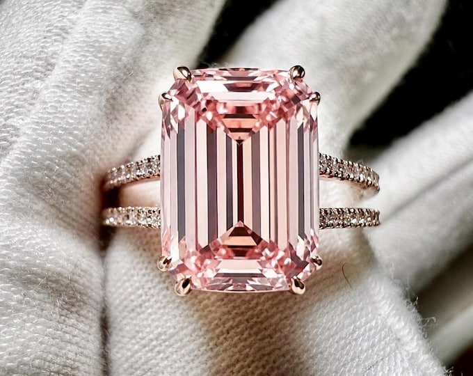 4 Carat Emerald Cut Pink Diamond Engagement Ring | VS1 Split Shank (14K Gold)