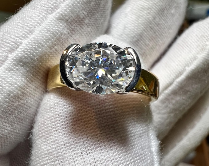 10K Gold 2CT Oval Lab Grown Diamond Half Bezel Engagement Ring