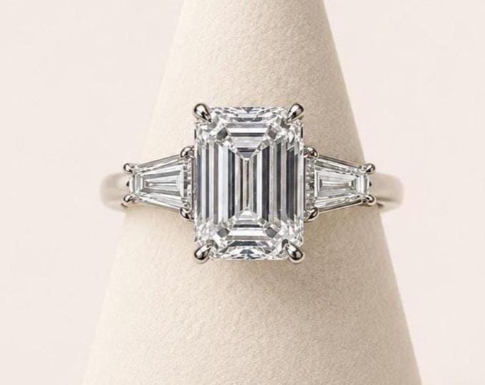 Emerald Cut Diamond Engagement Ring 4CT Lab Grown F VS1 14K Gold Statement Ring