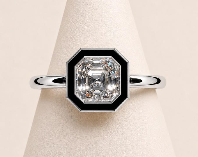 2CT Asscher Cut Diamond Engagement Ring, Emerald F VVS2 2EX Black Halo
