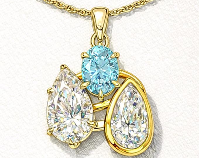 Certified Fancy Blue Oval & Pear Cut  Lab Grown Diamond Pendant Necklace
