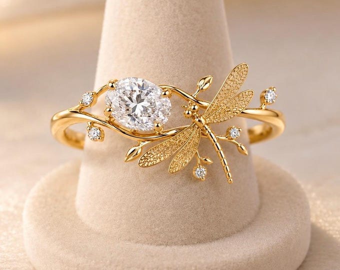 2 Carat Oval Lab Grown Diamond Dragonfly Ring, Nature Inspired Gold Engagement Ring, F VS1 Oval Diamond Vine Ring