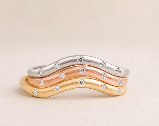 Curved Diamond Wedding Band, Flush Set, Wave Stacking Ring, Matte Gold Bridal Band