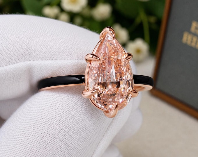 4CT Pear Lab Diamond Ring, Black Enamel Band, Art Deco Engagement, 14K Rose Gold