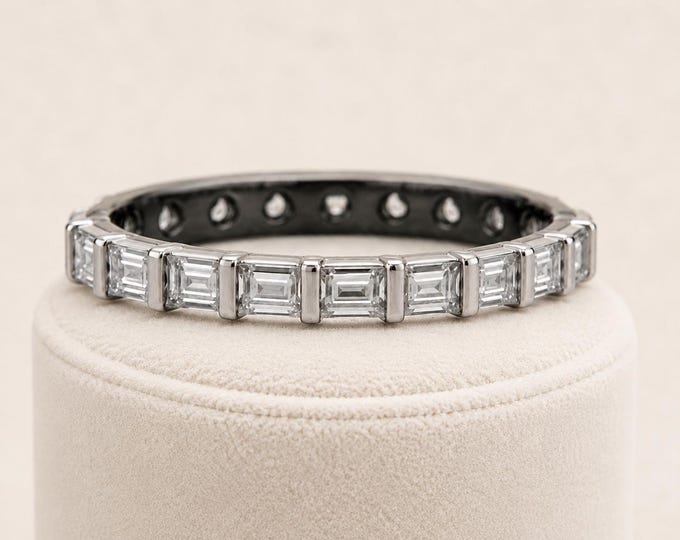 Baguette Diamond Eternity Band, Blackened Interior, Art Deco Wedding Ring, White Gold Platinum