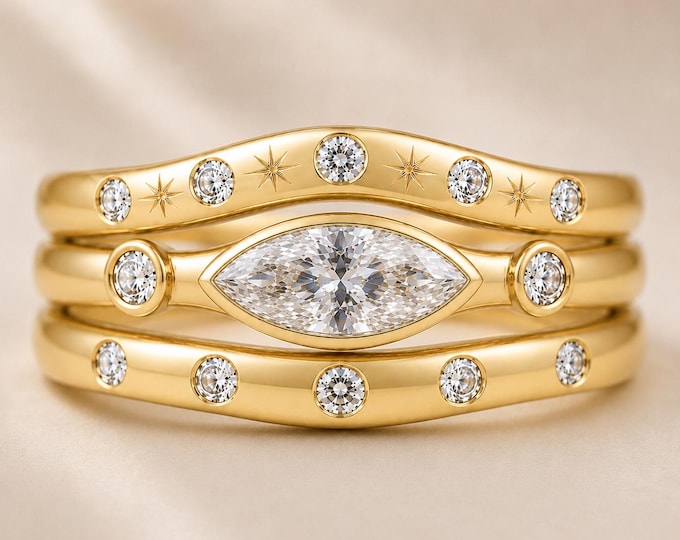 Marquise Lab Diamond Engagement Ring Set, Celestial Starburst Bridal Band, 10K 14K Gold