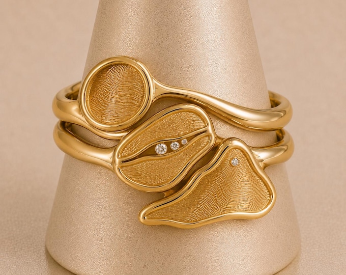 Poured Gold Wabi Sabi Diamond Ring Stack | Sculptural Nature Inspired Bridal Set