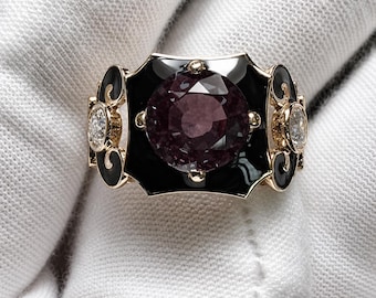 10K 14K Gold Color Change Alexandrite Ring, Vintage Baroque Style, Lab Created Gemstone