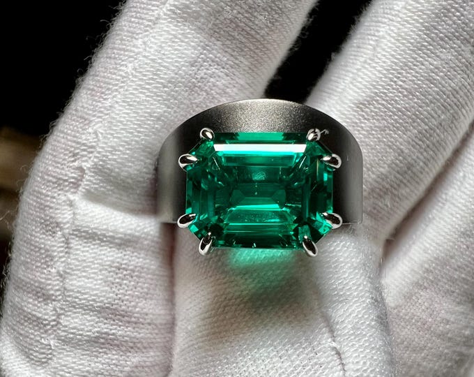 5CT Hexagon Lab Grown Green Emerald Ring: Brushed Grey Rhodium & Sterling Silver, Size 7