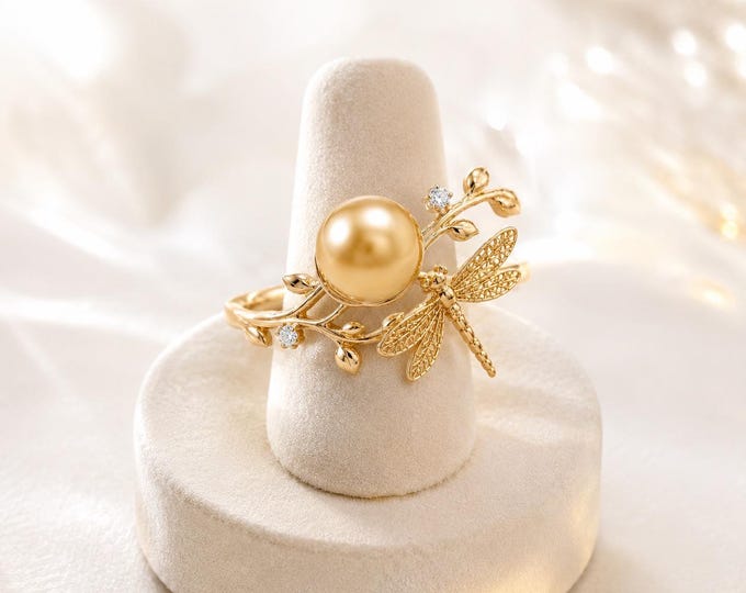 Golden South Sea Pearl Dragonfly Ring | 10K Yellow Gold Nature Inspired Ring | Luxury Pearl Statement Ring | Gift for Women