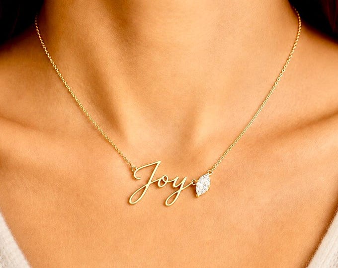 Custom Name Necklace, 2CT Lab Diamond, 10K 14K Gold Platinum Script