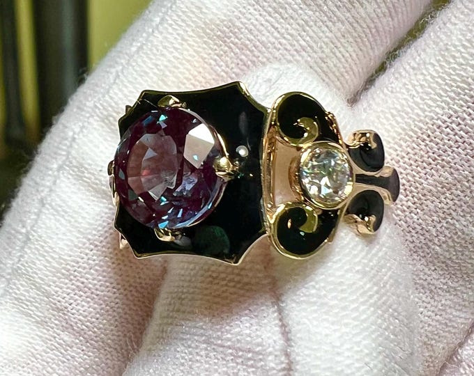 Certified 10K Gold 2CT Round Brilliant Cut Lab Grown Color Change Alexandrite French Baroque Engagement Ring