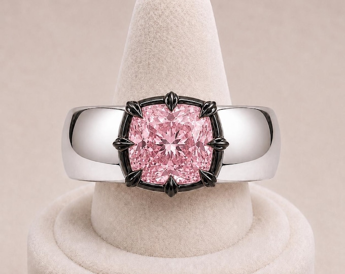3CT Cushion Cut Fancy Pink Lab Grown Diamond 7.5mm Cigar Band Ring with Blackened Rhodium Split-Petal Claws