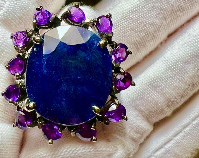Natural Madagascar 10.8CT Oval Blue Sapphire & Purple Amethyst Halo Ring Size 8.5US