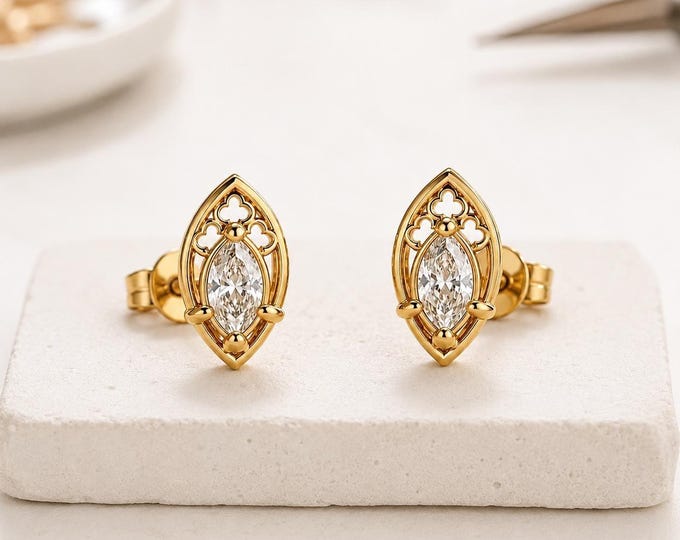 Marquise Lab Diamond Stud Earrings, 10K or 14K Gold Bridal Studs, Gift for Him