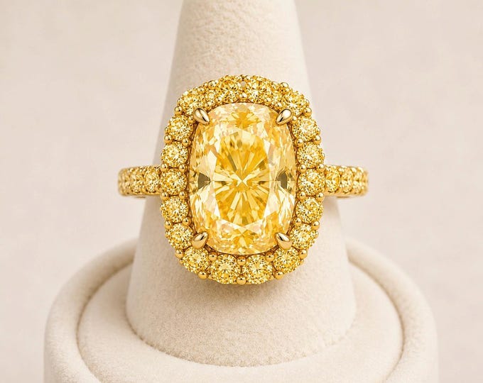 4CT Cushion Cut Yellow Lab Diamond Engagement Ring | Yellow Sapphire Halo 10K 14K Gold
