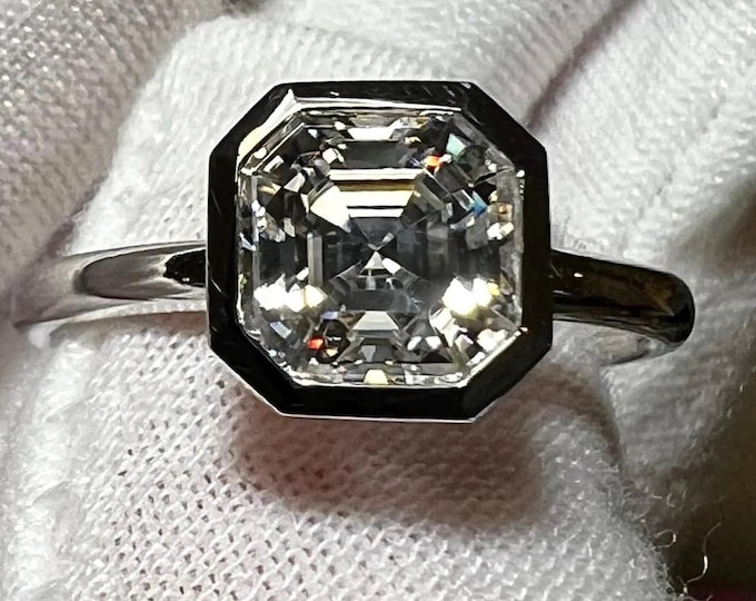 IGI 2CT Asscher Square Emerald F VVS2 2EX Bezel Set Diamond Engagement Ring