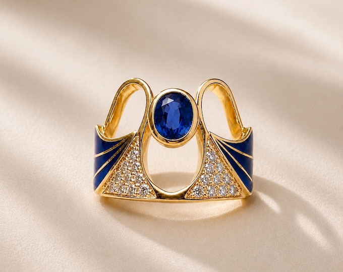 14K Yellow Gold Art Deco Blue Sapphire Ring with Hand-Painted Enamel Wings