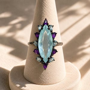 Natural Aquamarine & Purple Amethyst Halo Black Rhodium Split Shank Ring Size 7.5US
