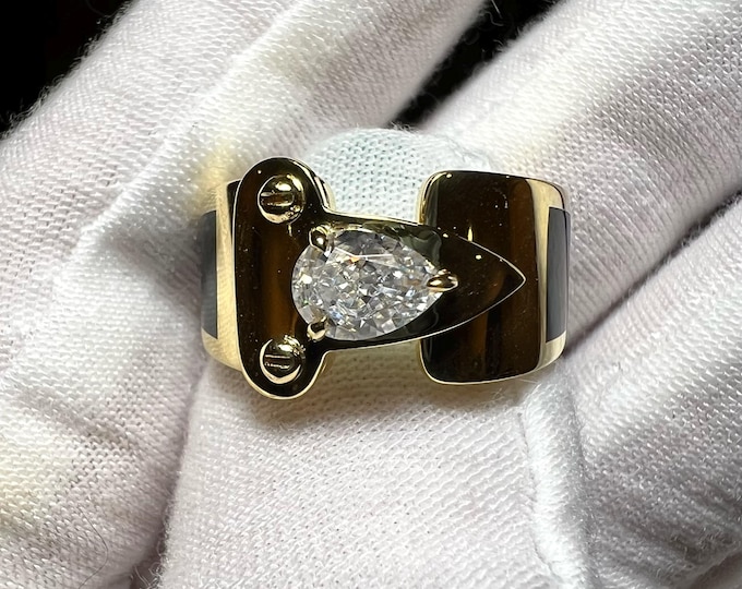10K Gold Pear Lab Grown Diamond Engagement Ring with Black Enamel