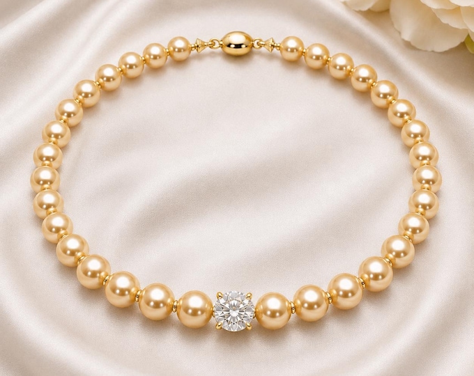 Golden South Sea Pearl Necklace, 3.5CT Diamond Centerpiece, Fine Jewelry