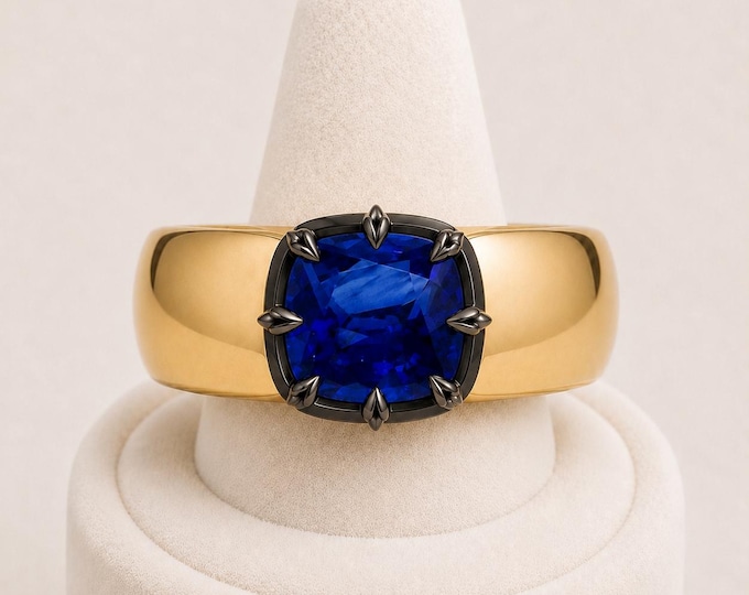 3CT Cushion Blue Sapphire 7.5mm Cigar Band Ring with Blackened Rhodium Split-Petal Claws