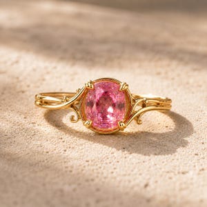 3 CT Cushion Cut Pink Sapphire Ring | Lab Grown Pink Sapphire | Organic Poured Gold Engagement Ring | Artistic Gold Ring | 10K 14K Gold
