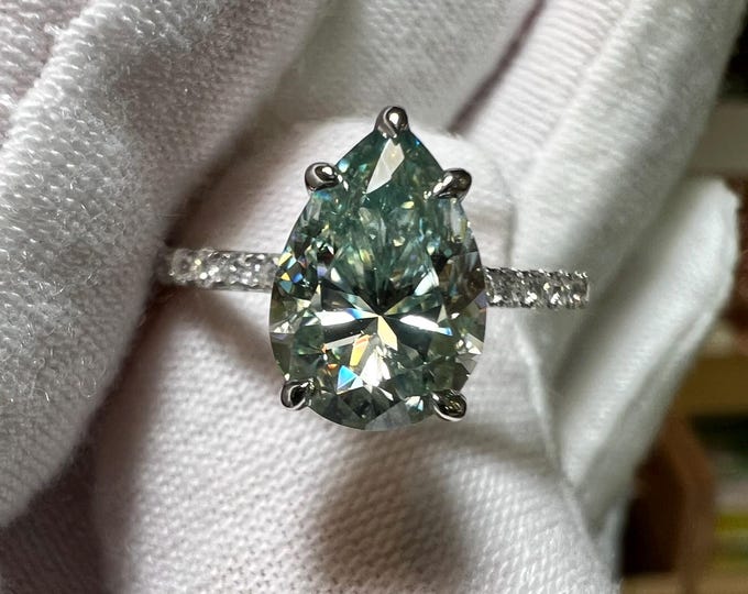 Rare Certified 3CT Pear Fancy Vivid Blueish Green VVS2 2EX Lab Grown Diamond Engagement Ring