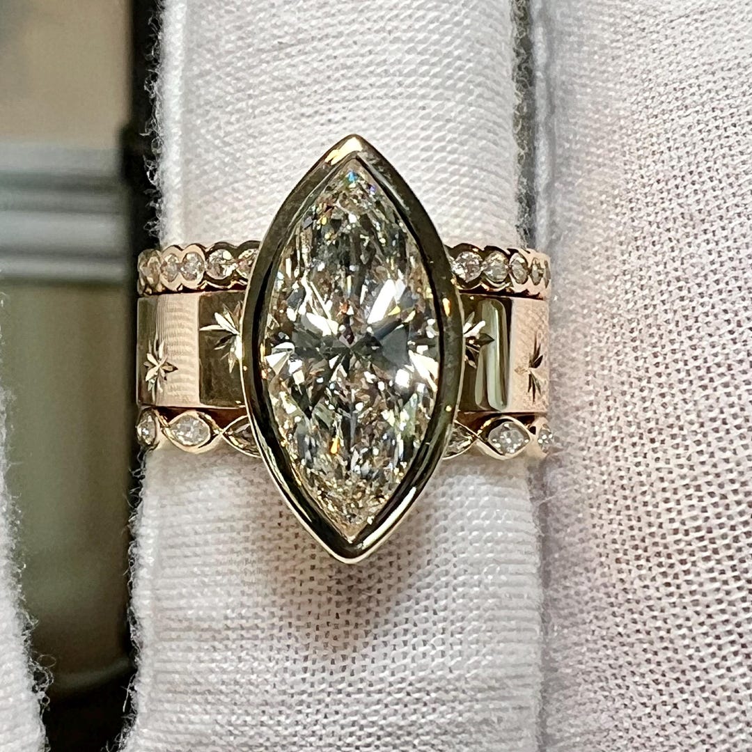 4CT Marquise Lab Grown Diamond Engagement Ring Set, 14K Yellow Gold ...