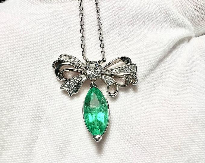 Marquise Emerald Diamond Bow Necklace, Vintage Inspired Art Deco Pendant