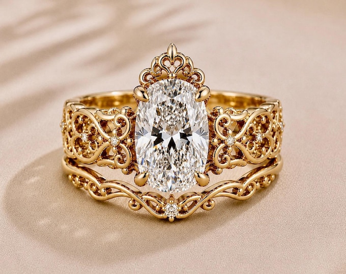 3.5CT Elongated Cushion Cut Diamond Ring | Gothic Cathedral Engagement Ring | G VS1 Bridal Set
