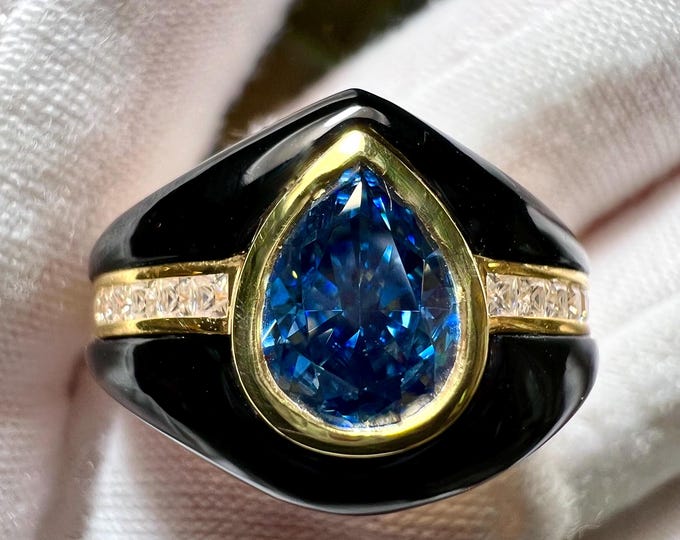 Art Deco 14K Yellow Gold Pear Vivid Blue Lab Grown Diamond Engagement Ring